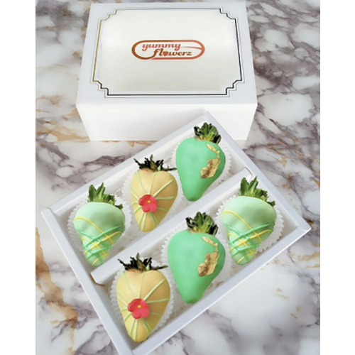 6pcs Green & Yellow with Gold Leaf Chocolate Strawberries Gift Box